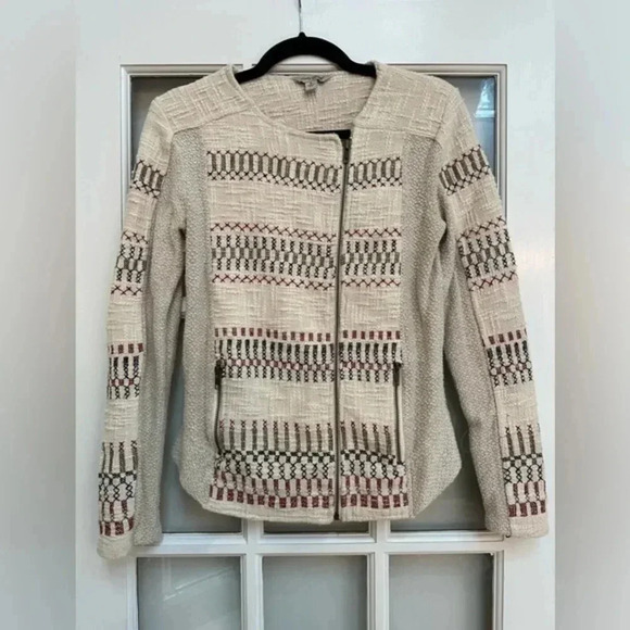 Lucky Brand | Cream Embroidered Knit Jaquered Zip Boho Motorcycle Jacket Size S - Picture 11 of 12